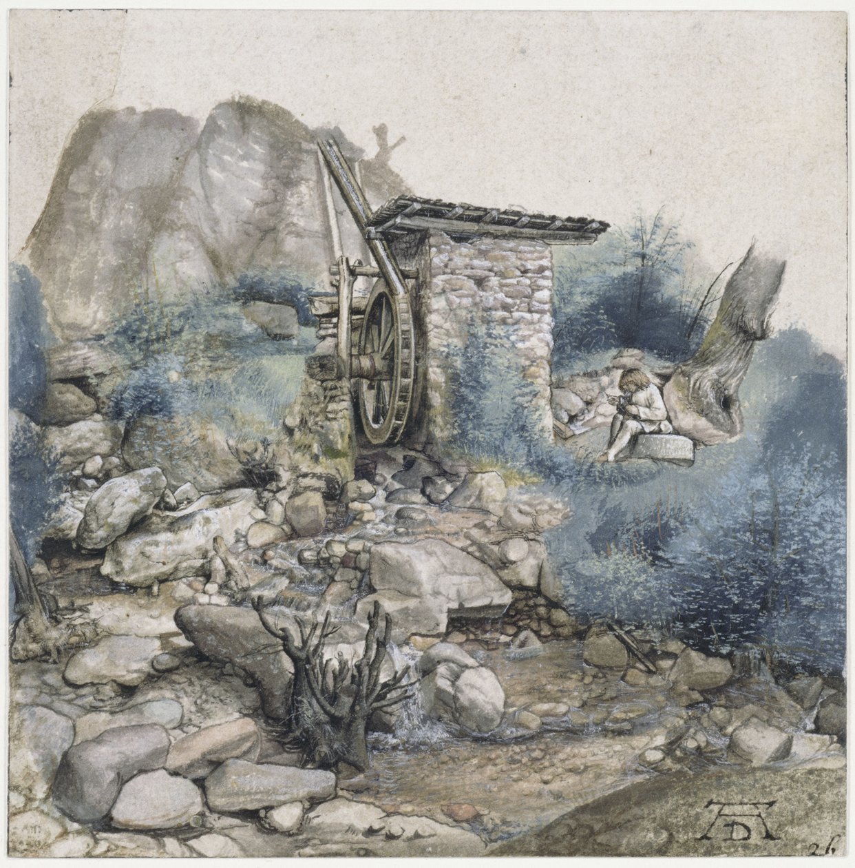 Molino de agua con un dibujante de Albrecht Dürer