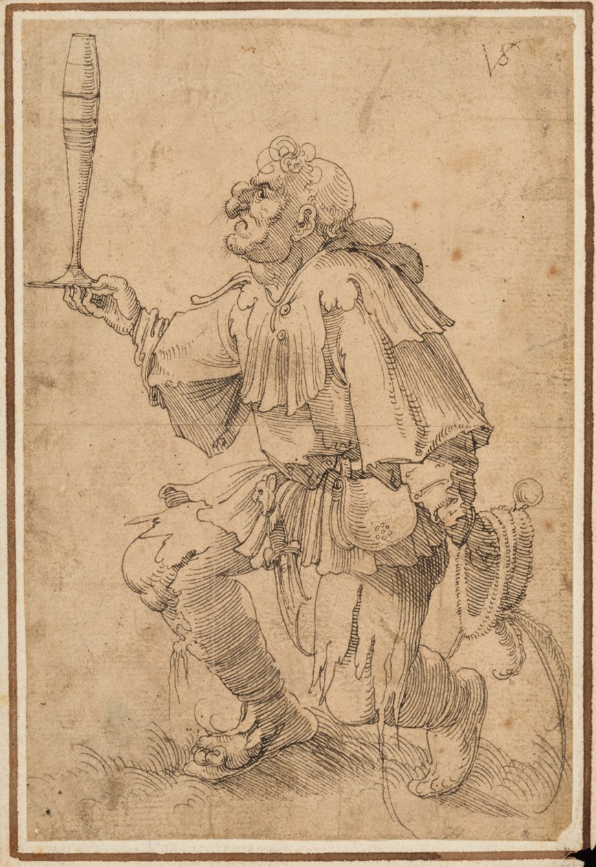 Un hombre grotesco arrodillado, sosteniendo un vaso alto de cerveza en su base de Albrecht Dürer