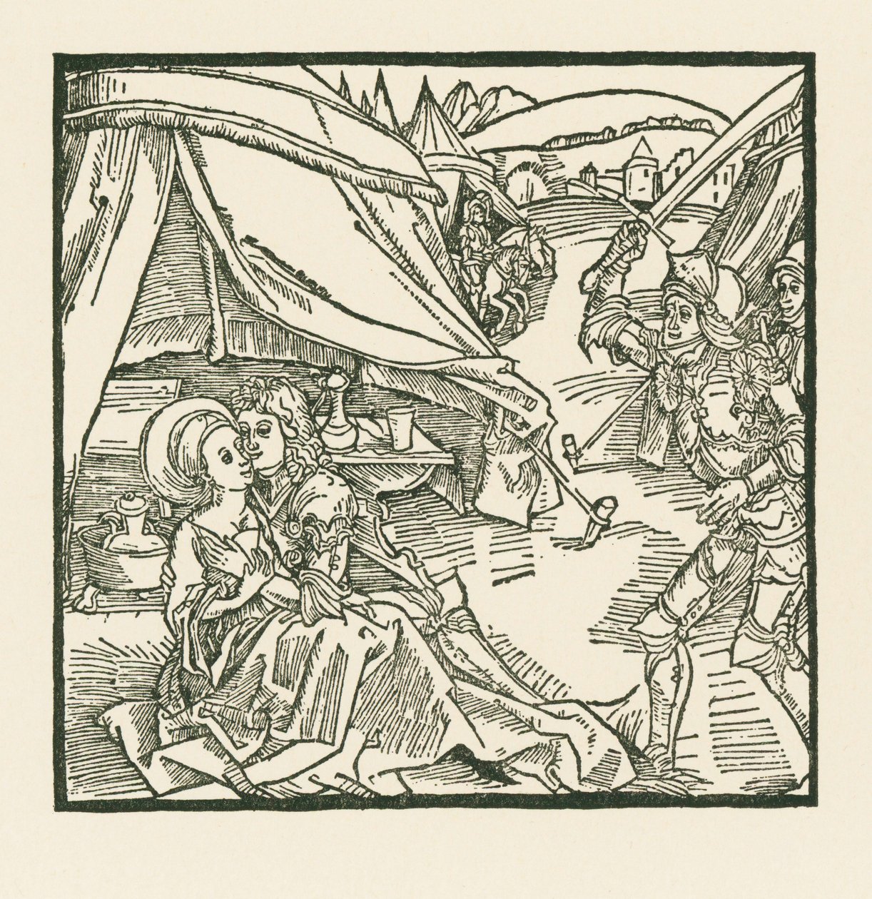 Un caballero del ejército israelita mata a otro caballero al que encuentra con una amante pagana de Albrecht Dürer or Duerer