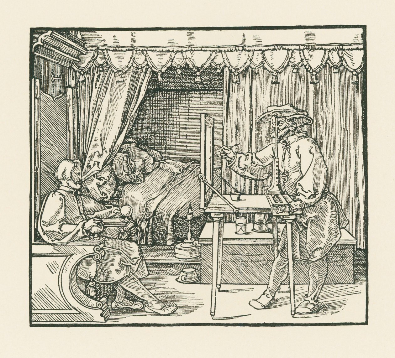 Un artista dibuja a un hombre sentado en un plano de cristal a través de una veleta de Albrecht Dürer or Duerer