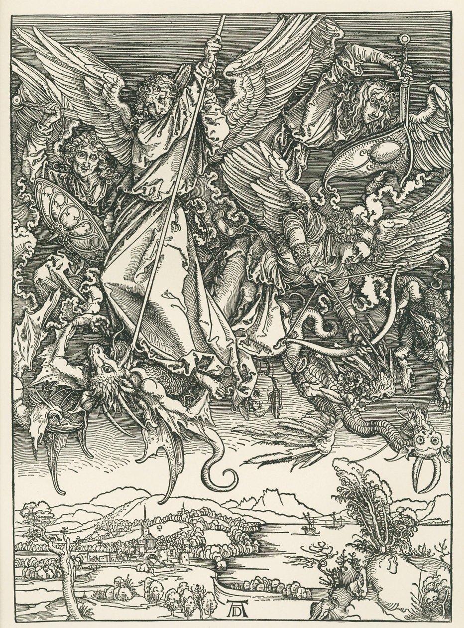 Arcángel Miguel luchando contra el Dragón. El Apocalipsis de San Juan, c.1498 (xilografía) de Albrecht Dürer or Duerer