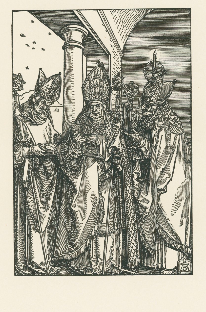 El obispo San Nicolás, los santos Ulrico y Erasmo, c.1505 (xilografía) de Albrecht Dürer or Duerer