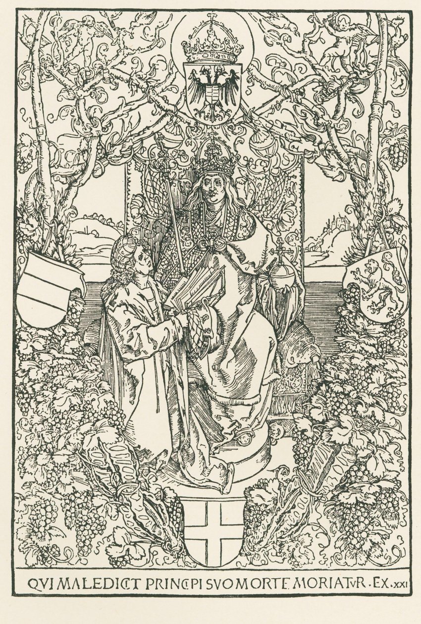 Celtas presenta su obra al emperador Maximiliano, impreso para la Sodalitas Celtica, Nuremberg. de Albrecht Dürer or Duerer