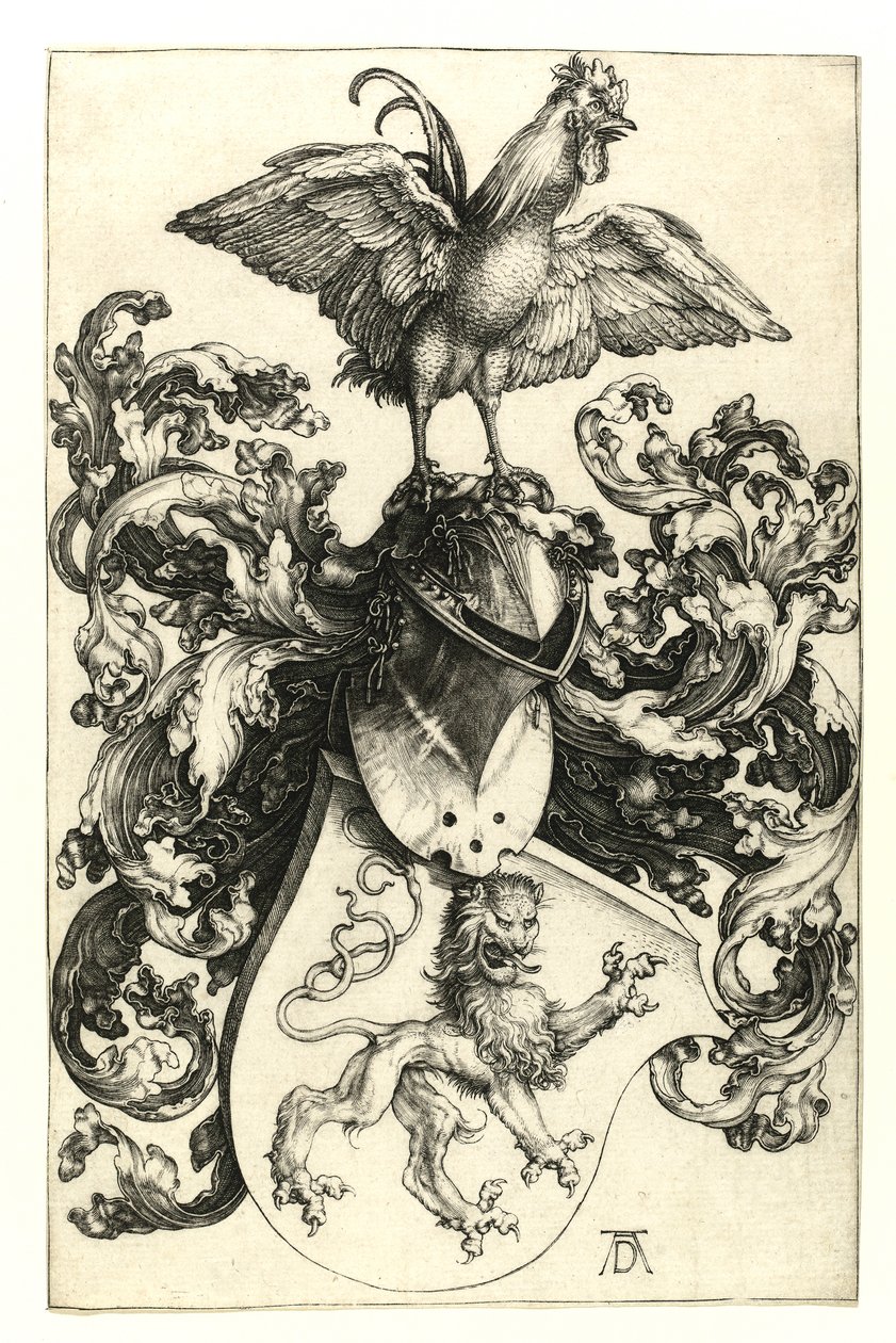 Escudo de armas con león y gallo, 1502-03 de Albrecht Dürer