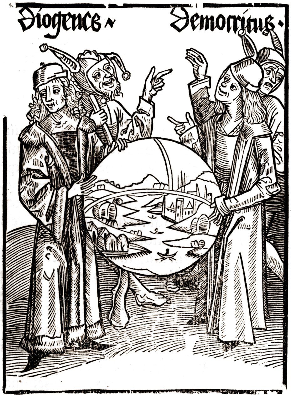 Diógenes (-413 - -327) y Demócrito (-460 - -370) - en “Das Narrenschif (El barco de los locos)” de Sébastien Brandt (1458 - 1521). Grabado. de Albrecht Dürer