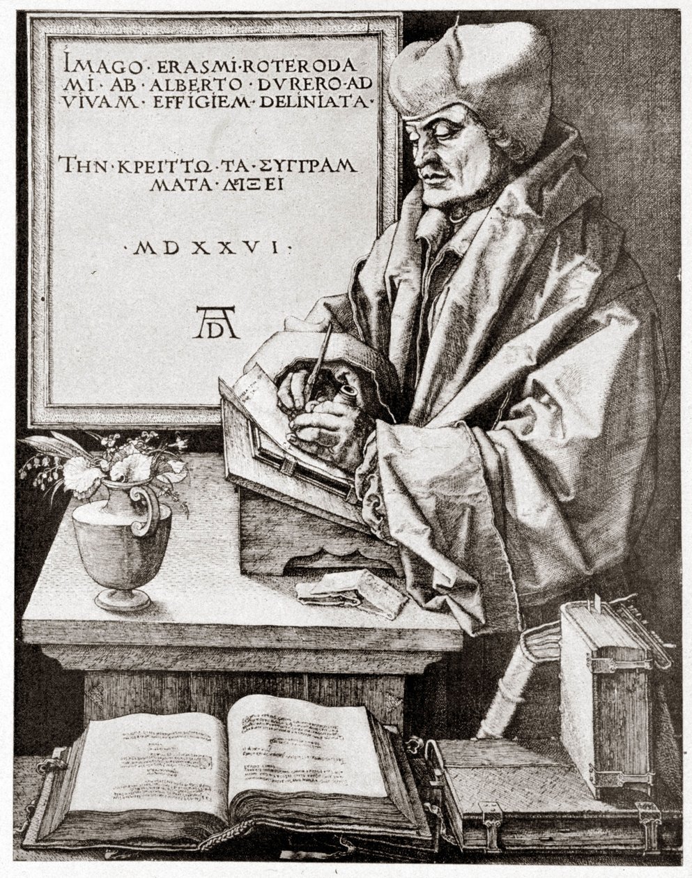 Erasmo escribiendo - grabado por Albrecht Durer reproducido a principios del siglo XX de Albrecht Dürer