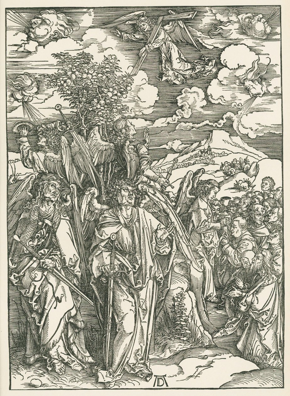 Cuatro ángeles deteniendo los vientos y la firma de los Elegidos. El Apocalipsis de San Juan, c.1497-98 (xilografía) de Albrecht Dürer or Duerer