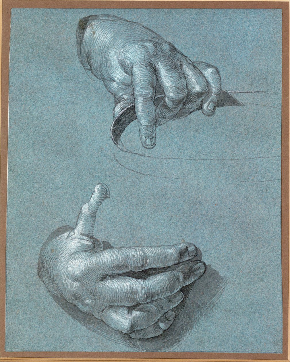 Manos - Dos estudios (dibujo a la tiza sobre papel azul ) de Albrecht Dürer or Duerer