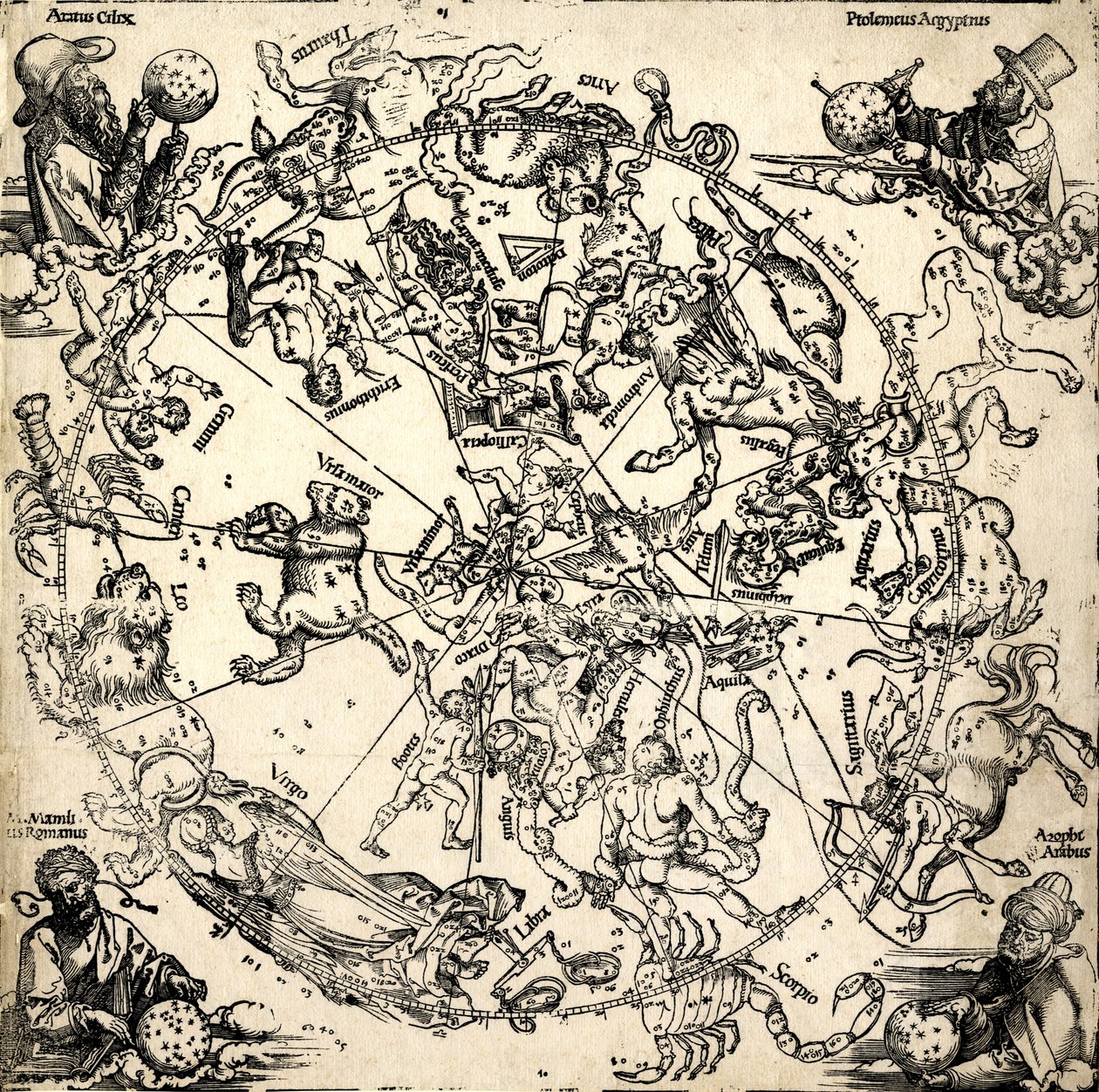 Imagines coeli Septentrionales cum duodecim imaginibus zodiaci, c.1510-c.20 (xilografía) de Albrecht Dürer or Duerer