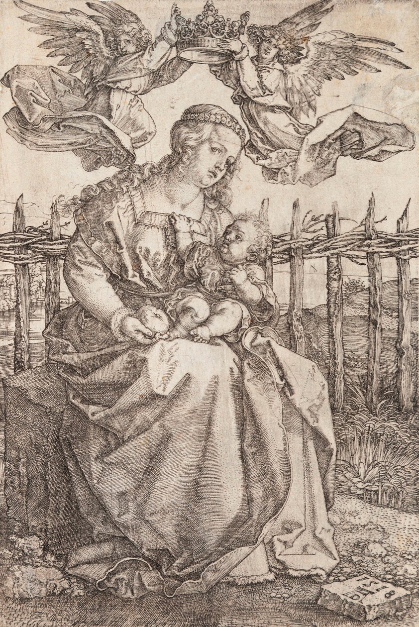 La Virgen María coronada por dos ángeles - Grabado en cobre de Albrecht Durer (1471-1528) de Albrecht Dürer