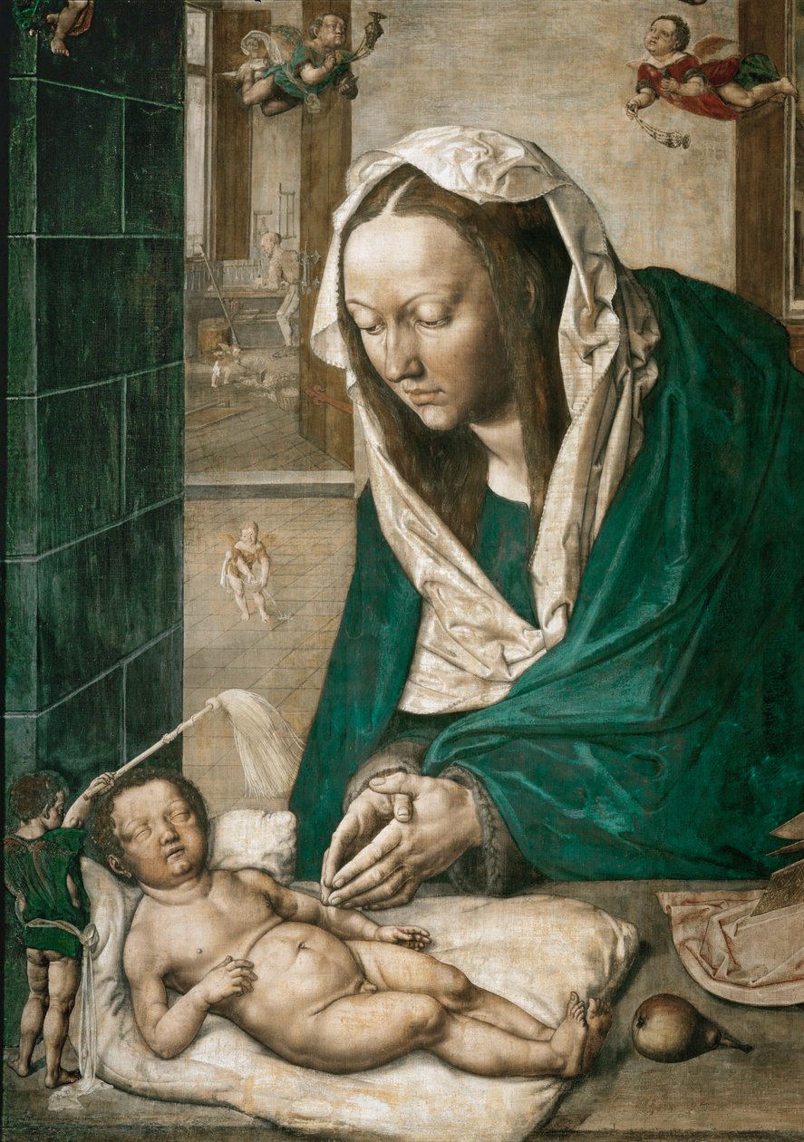 Virgen con el Niño, panel central del Altar de Dresde, c.1496 (temple sobre lienzo) de Albrecht Dürer or Duerer