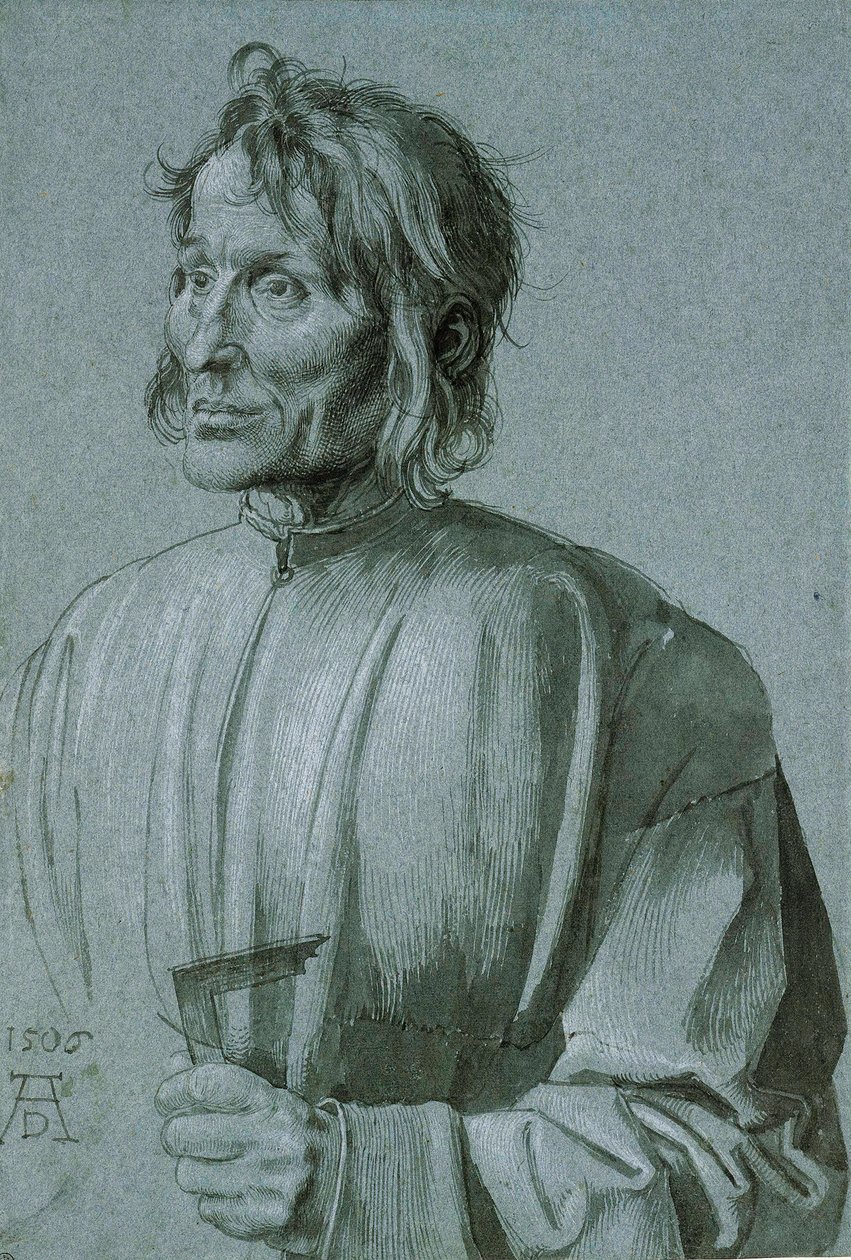 Retrato de un arquitecto (Hieronimus von Augsbourg) - Retrato de un arquitecto (Hieronymus von Augsburg) - Dibujo de Albrecht Durer (1471-1528), Pluma, pincel, tinta negra y color blanco sobre papel azul oscuro 1506 (39,1x26,6 cm) - Museos Estatales, Berlí de Albrecht Dürer