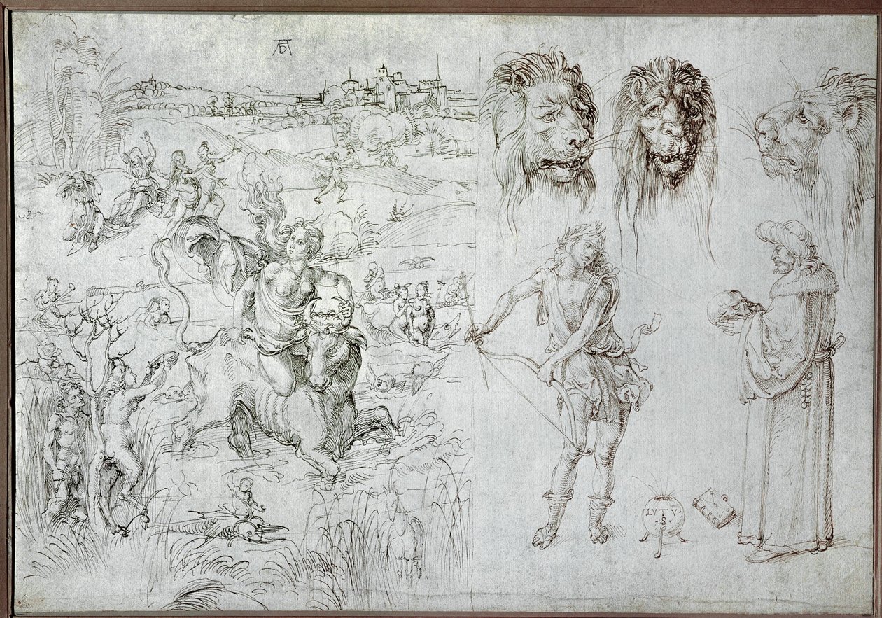 Violación de Europa, cabezas de león, arquero, sabio, calavera (dibujo) de Albrecht Dürer or Duerer