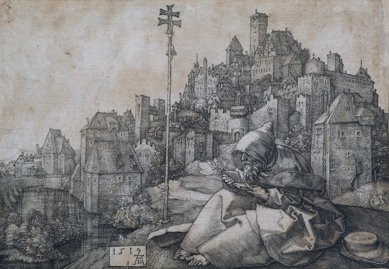 San Antonio sentado frente a una ciudad - Grabado en cobre de Albrecht Durer (1471-1528) de Albrecht Dürer