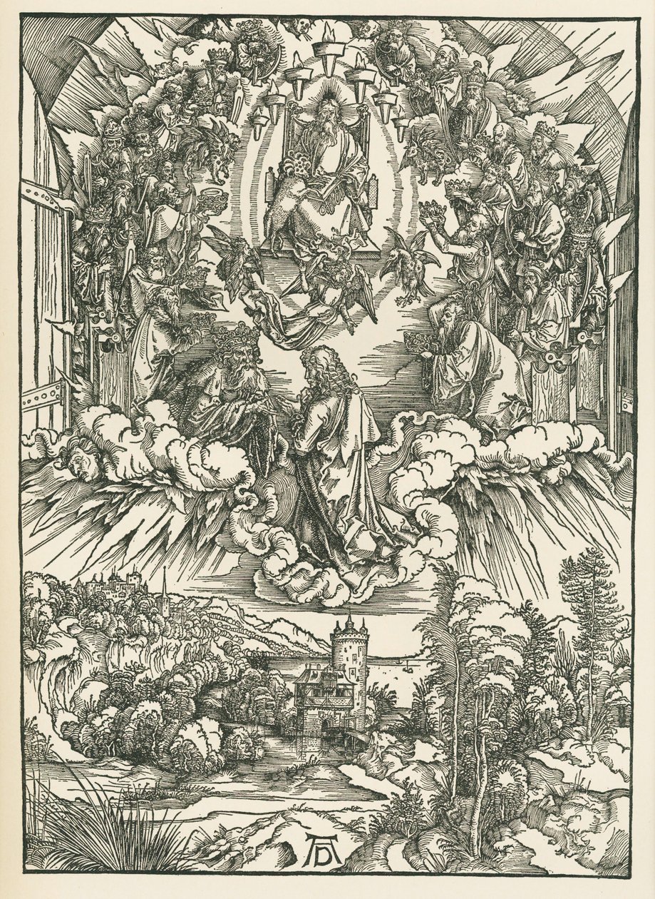 San Juan ante Dios y los veinticuatro Ancianos en el Cielo. El Apocalipsis de San Juan, c.1496 (xilografía) de Albrecht Dürer or Duerer