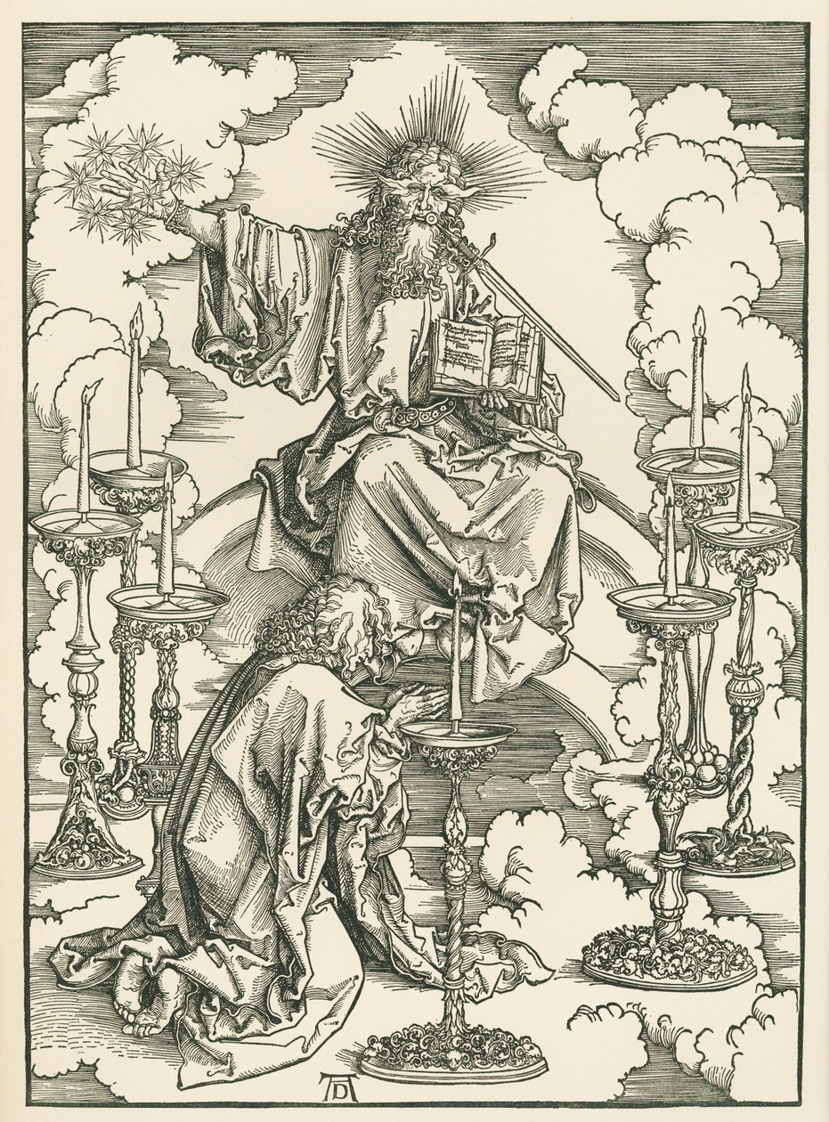 La visión de San Juan de Cristo y los siete candeleros. El Apocalipsis de San Juan Divino, c.1496-98 (xilografía) de Albrecht Dürer or Duerer