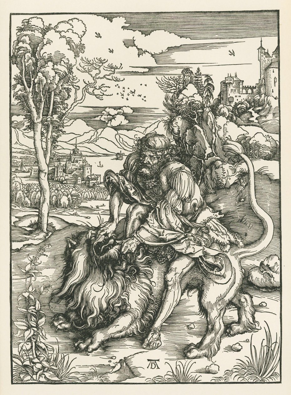Sansón matando al león, c.1497-98 (xilografía) de Albrecht Dürer or Duerer
