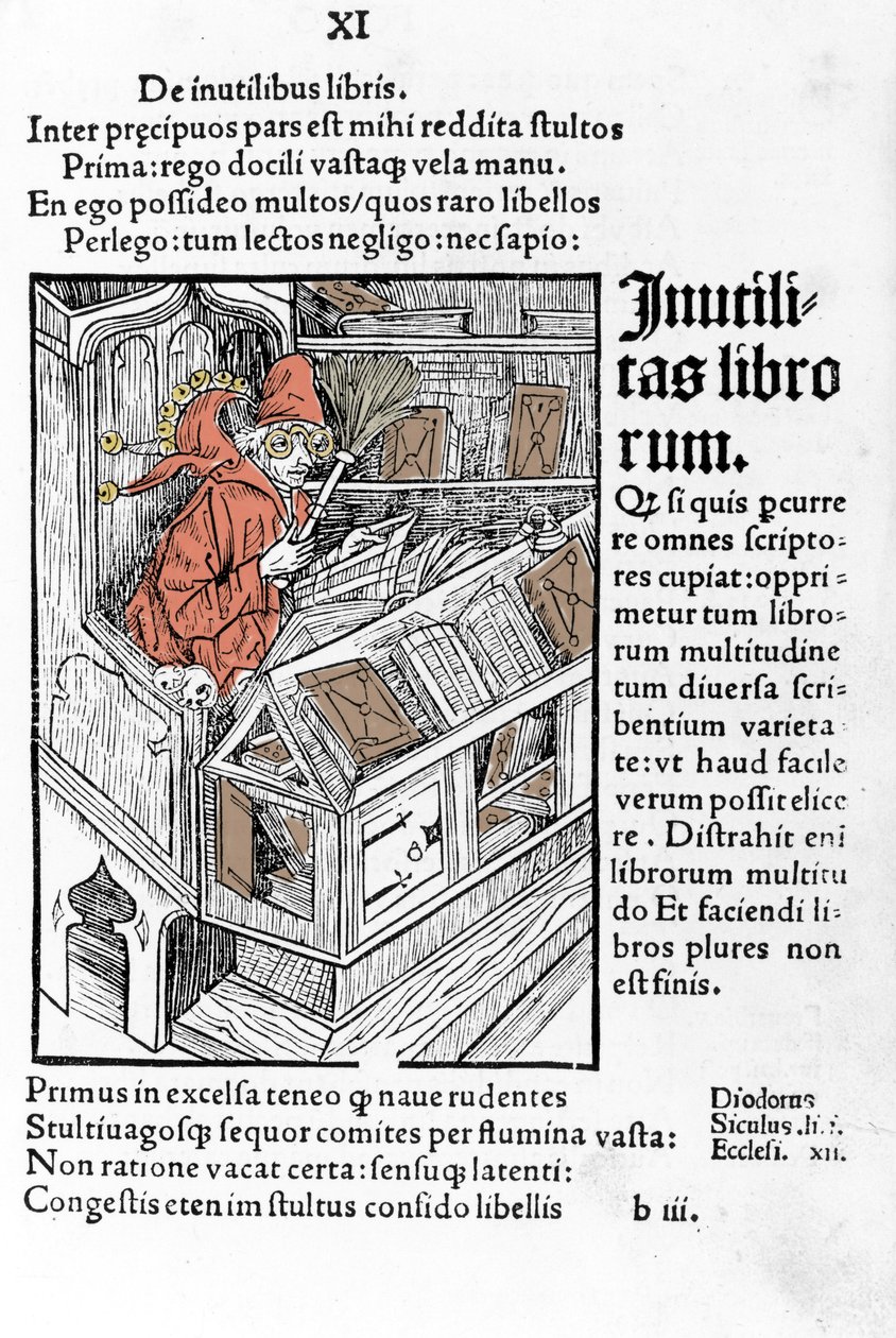Sabio en su oficina. Lleva un par de gafas. Xilografía de Durero en “das narrenschiff” por Sebastiano Brandt de Albrecht Dürer