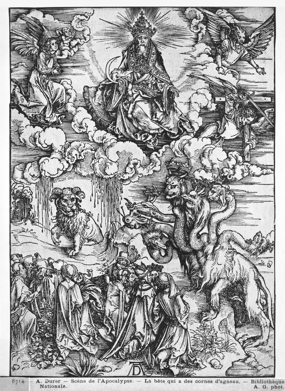 Escena del Apocalipsis, El dragón de siete cabezas y diez cuernos de Albrecht Dürer
