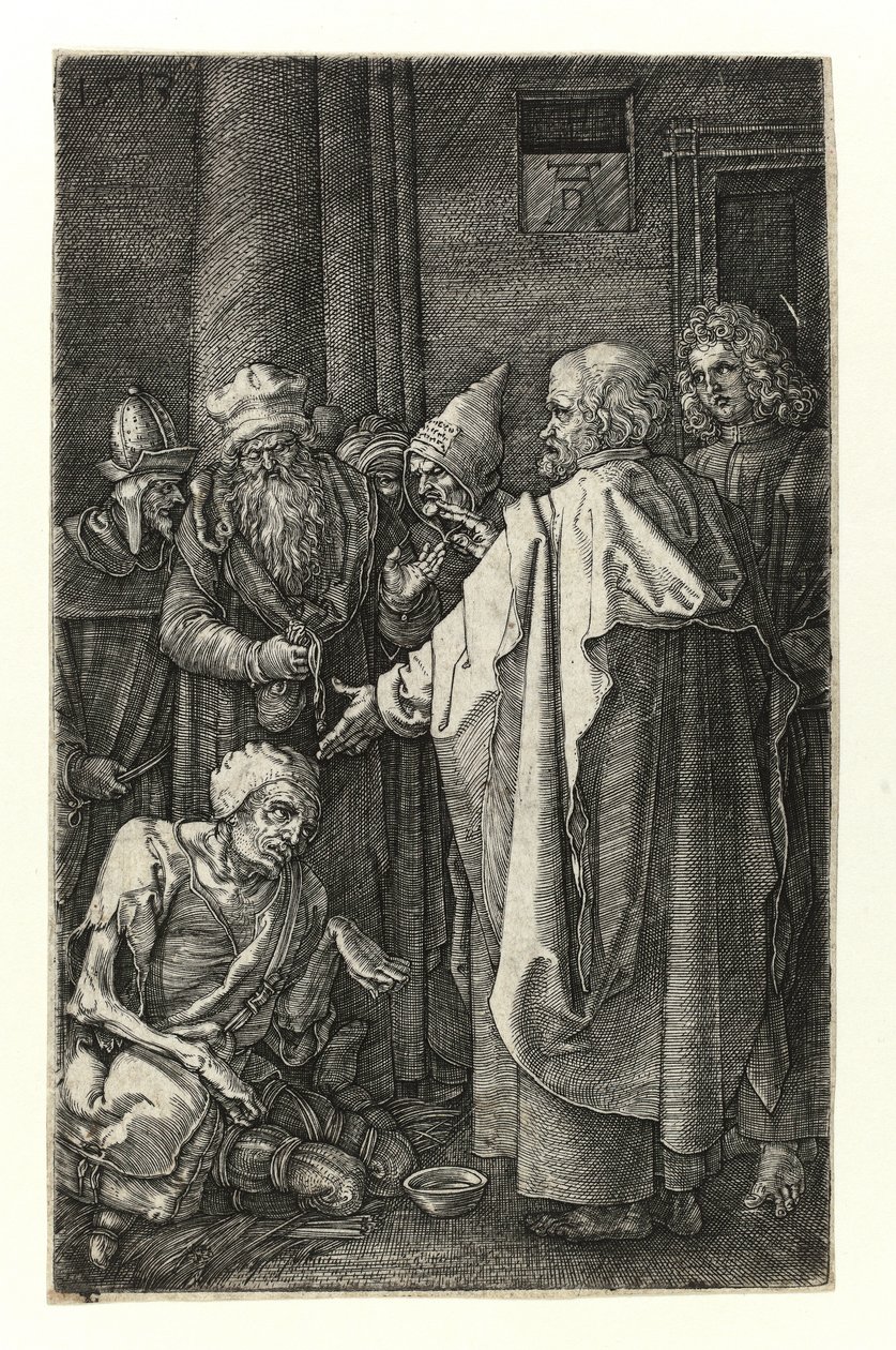 San Pedro y San Juan curan a los lisiados en la puerta del templo de Albrecht Dürer