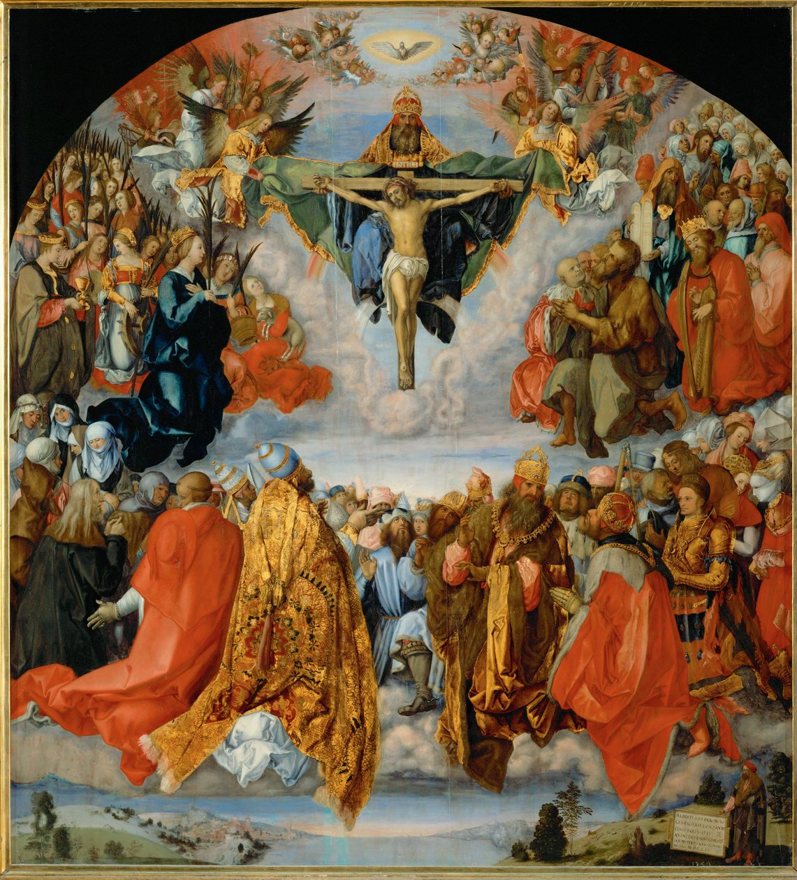 La Adoración de la Trinidad con el autorretrato de Duerer abajo a la derecha (óleo sobre madera de álamo) de Albrecht Dürer or Duerer