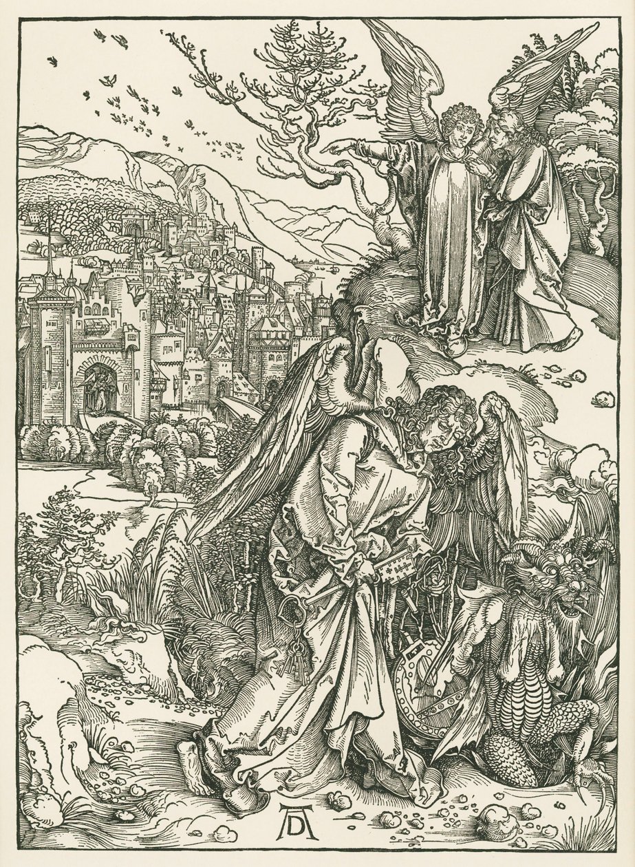 El Ángel de la Llave arrojando al Dragón al Abismo y otro Ángel mostrando a San Juan la Nueva Jerusalén, c.1497-98 (xilografía) de Albrecht Dürer or Duerer