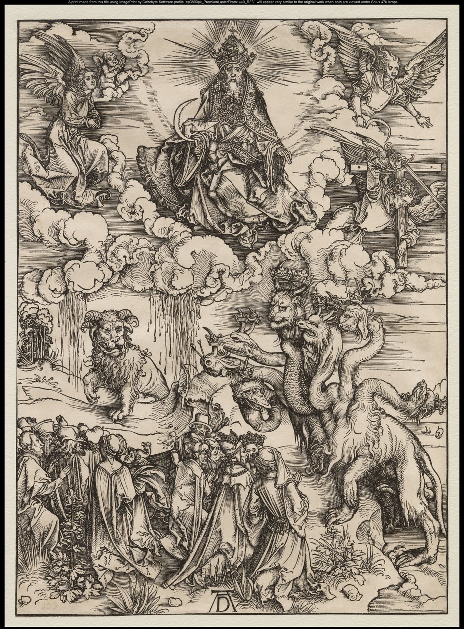 El Apocalipsis: La bestia con dos cuernos como un cordero, 1496-97 de Albrecht Dürer