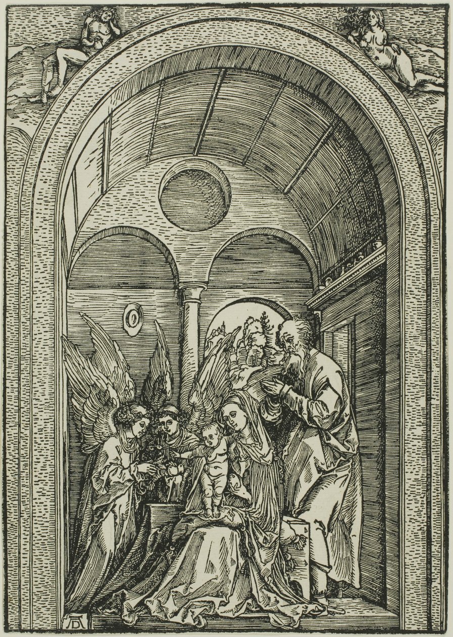 La Sagrada Familia con dos ángeles en una sala abovedada de Albrecht Dürer or Duerer