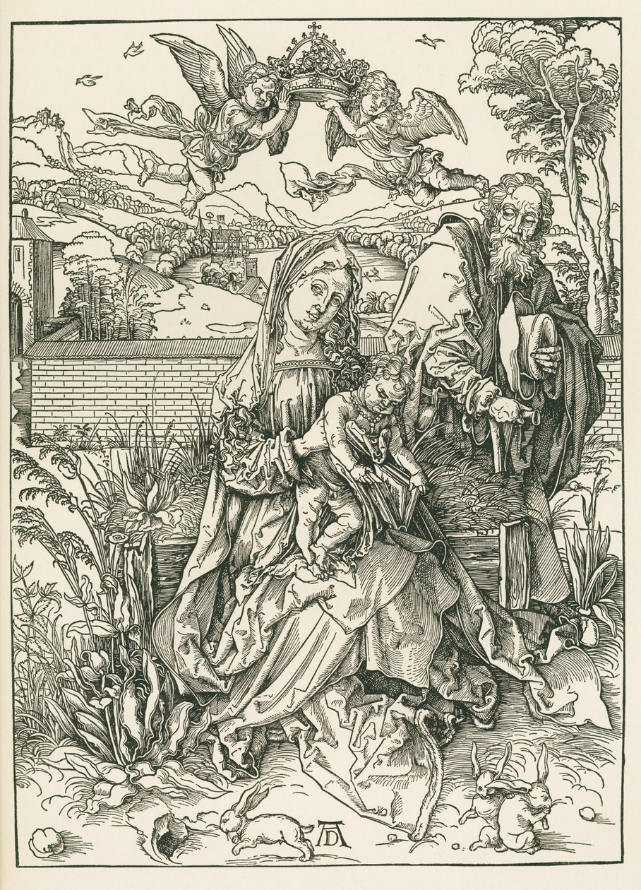La Sagrada Familia con tres liebres, c.1497 (xilografía) de Albrecht Dürer or Duerer