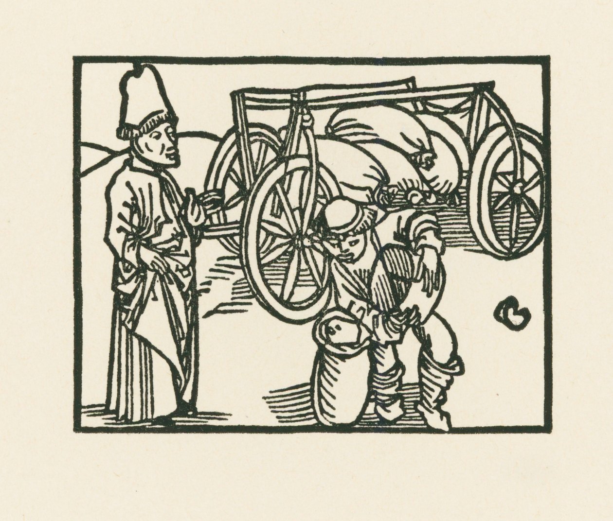 El Sacerdote tiene un saco en un carro y se está poniendo avena en él, c.1489-90 (xilografía) de Albrecht Dürer or Duerer
