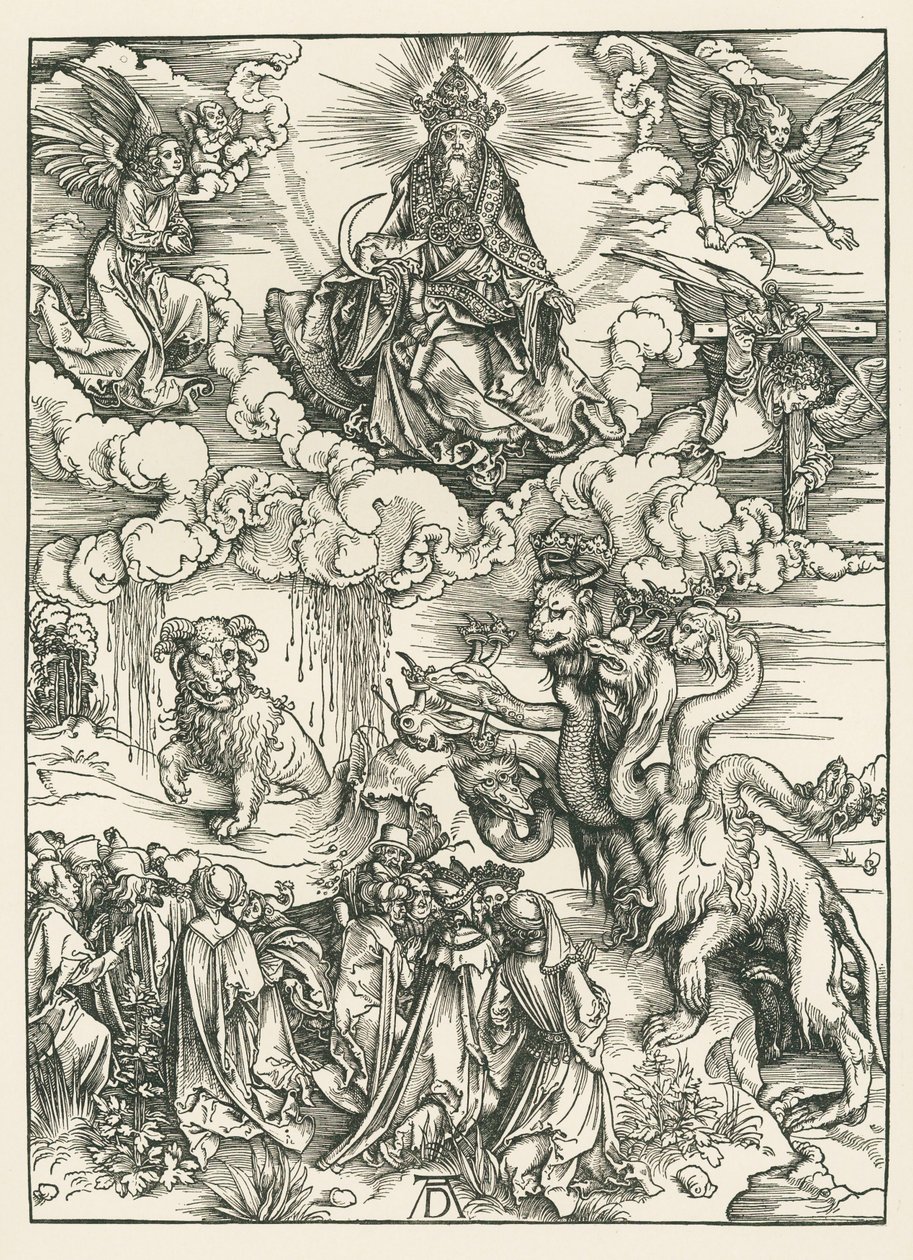El monstruo marino y la bestia con los cuernos del cordero. El Apocalipsis de San Juan, c.1496-97 (xilografía) de Albrecht Dürer or Duerer