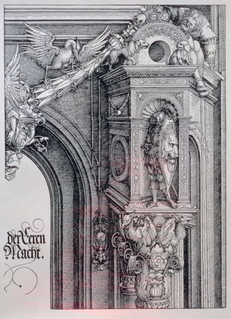 El Arco Triunfal del Emperador Maximiliano I (1459-1519): (detalle) del arco central (la Puerta del Honor y el Poder) mostrando un capitel de columna foliado y animado que sostiene a un caballero de pie en un nicho arquitectónico, una figura sosteniendo un de Albrecht Dürer