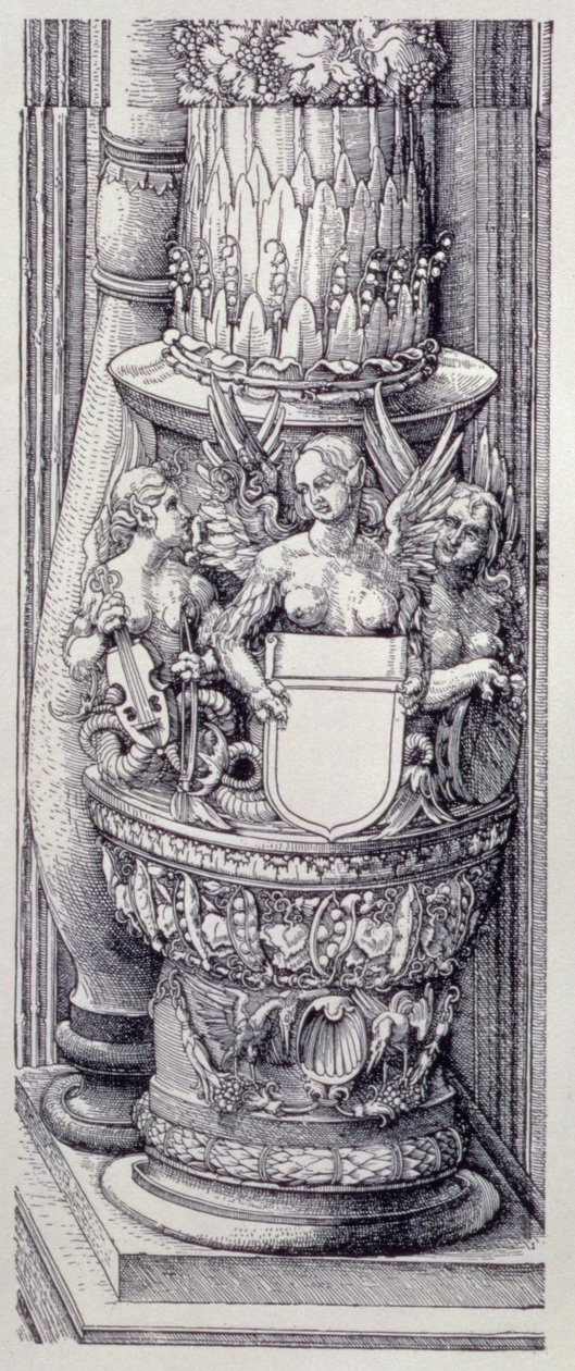 El Arco Triunfal del Emperador Maximiliano I de Alemania (1459-1519): detalle de las Puertas de Honor y Poder centrales, base de la columna izquierda adornada con bandas de follaje y grifos femeninos alados, fechado en 1515, pub. 1517/18 (xilografía) de Albrecht Dürer
