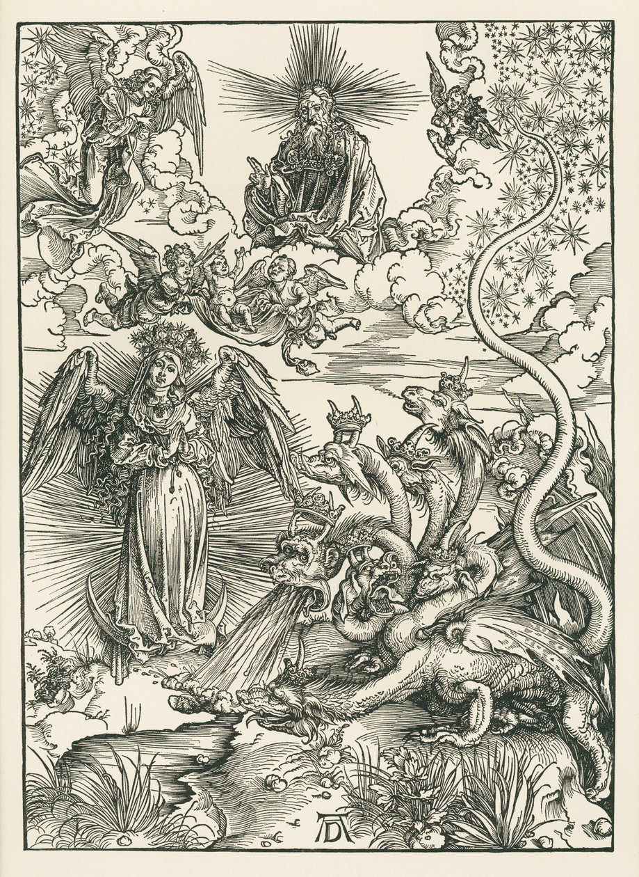 La Mujer vestida de Sol y el Dragón de Siete Cabezas. El Apocalipsis de San Juan, c.1497 (xilografía) de Albrecht Dürer or Duerer