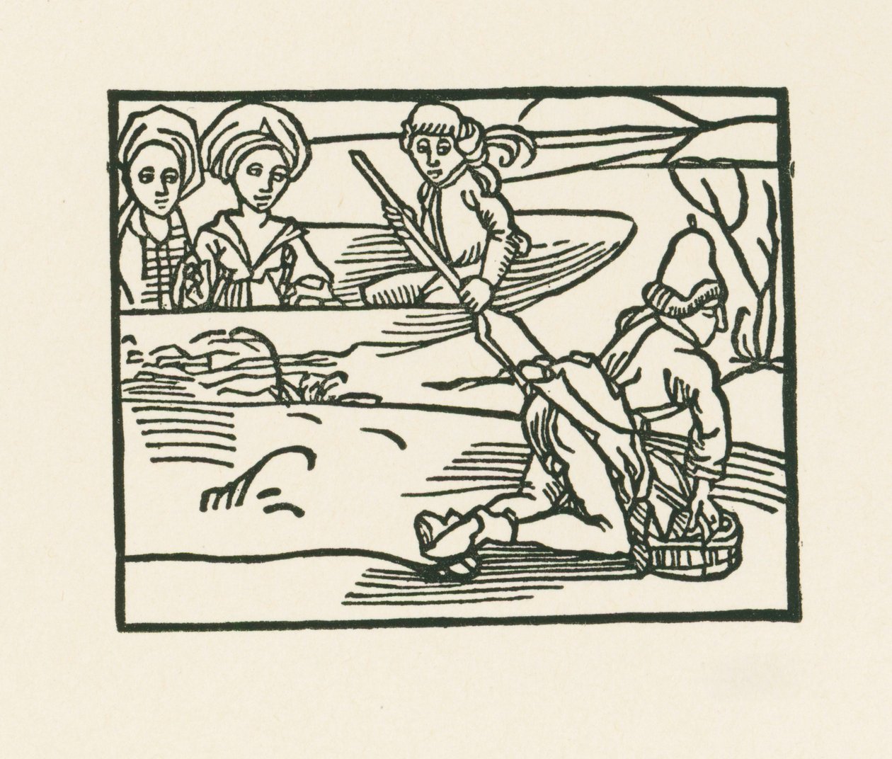 La duquesa está en una barca en el agua donde el sacerdote está lavando su ropa interior, c.1489-90 (xilografía) de Albrecht Dürer or Duerer