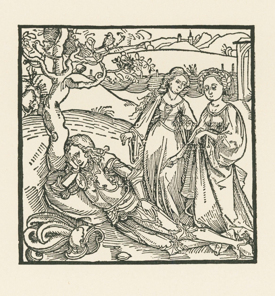 Al caballero en meditación se le unen sus dos hijas de Albrecht Dürer or Duerer