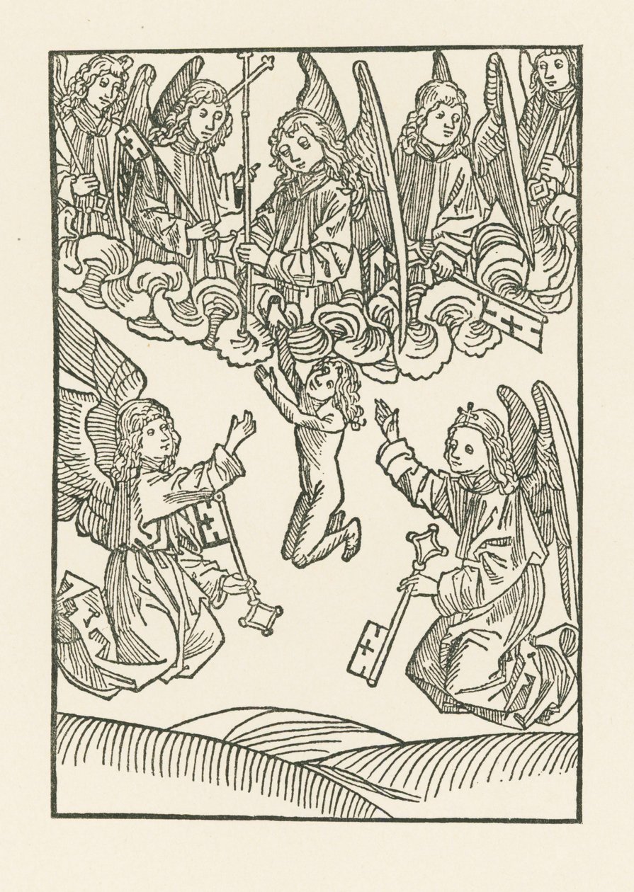 Los siete ángeles con una cruz y las seis llaves, con las que abrieron el Cielo a las seis obras de Misericordia, reciben un alma en el Cielo de Albrecht Dürer or Duerer