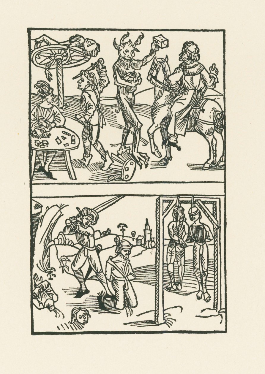 Grabado en madera de " Wie der Würffel auff ist Kumen ". de Albrecht Dürer or Duerer