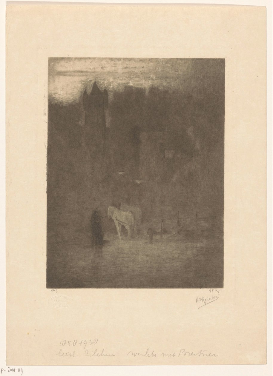Figura y dos caballos cerca de un castillo en la niebla de Albrecht Felix Reicher (signed by artist)