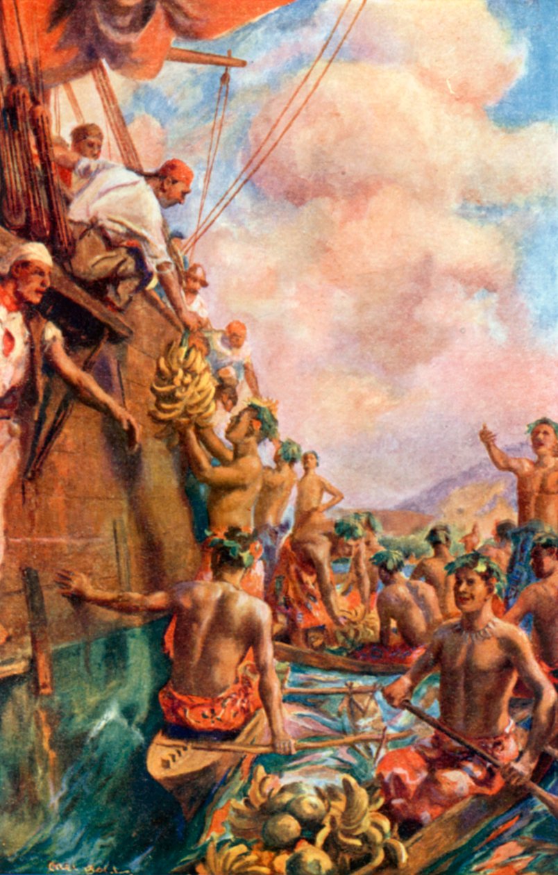 Llegada del capitán Cook a Tahití (litografía en color) de Alec Ball