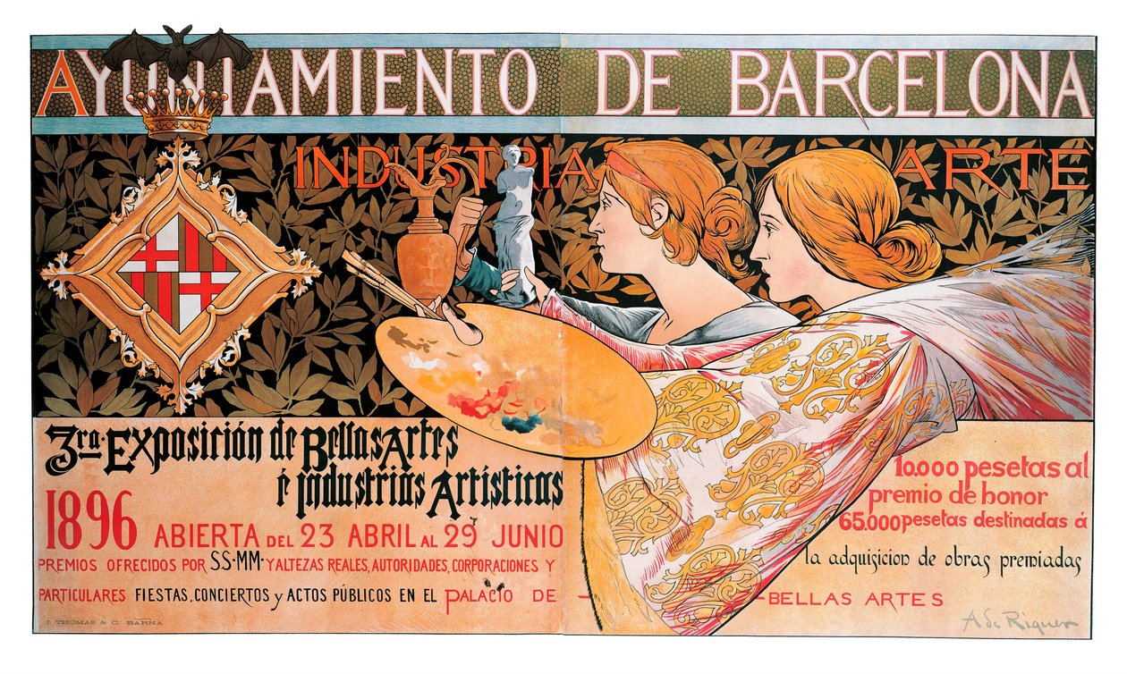 Cartel de la tercera "Exposición de Bellas Artes e industrias artísticas" de Barcelona en 1896 - Litografía de Alexandre de Riquer i Ynglada (1856-1920) de Alejandro de Riquer