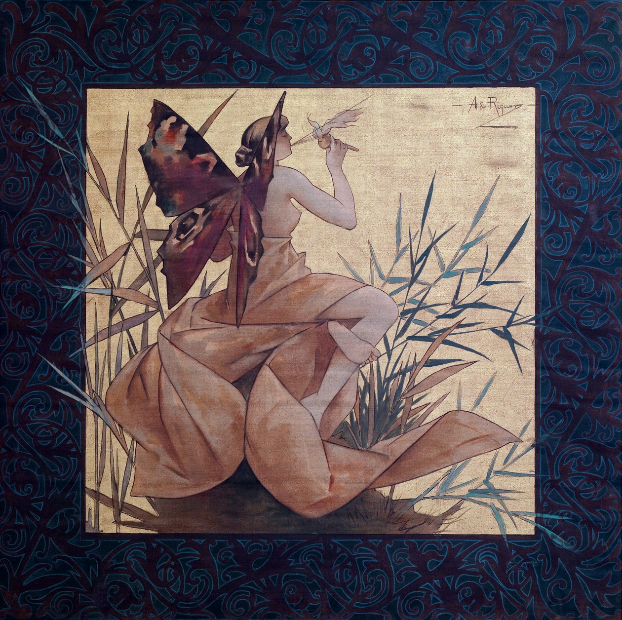 Composición con una ninfa alada entre los juncos - Pintura de Alexandre de Riquer i Ynglada (1856-1920) de Alejandro de Riquer