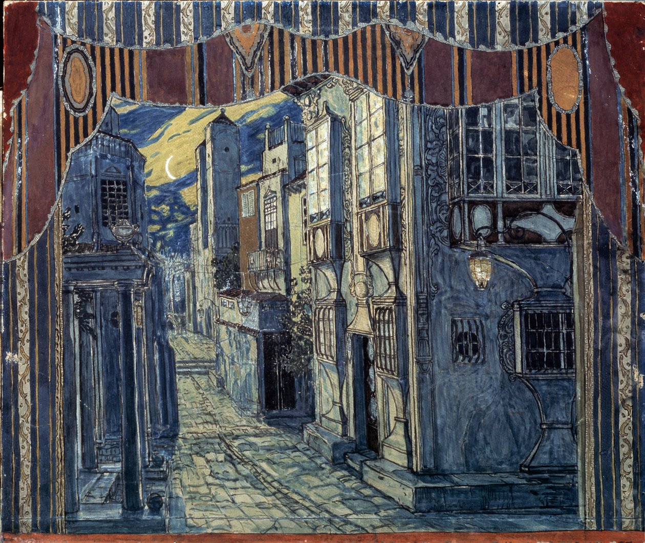 Diseño de escenario para El barbero de Sevilla, de Gioachino Rossini, 1924 de Aleksandr Jakovlevic Golovin