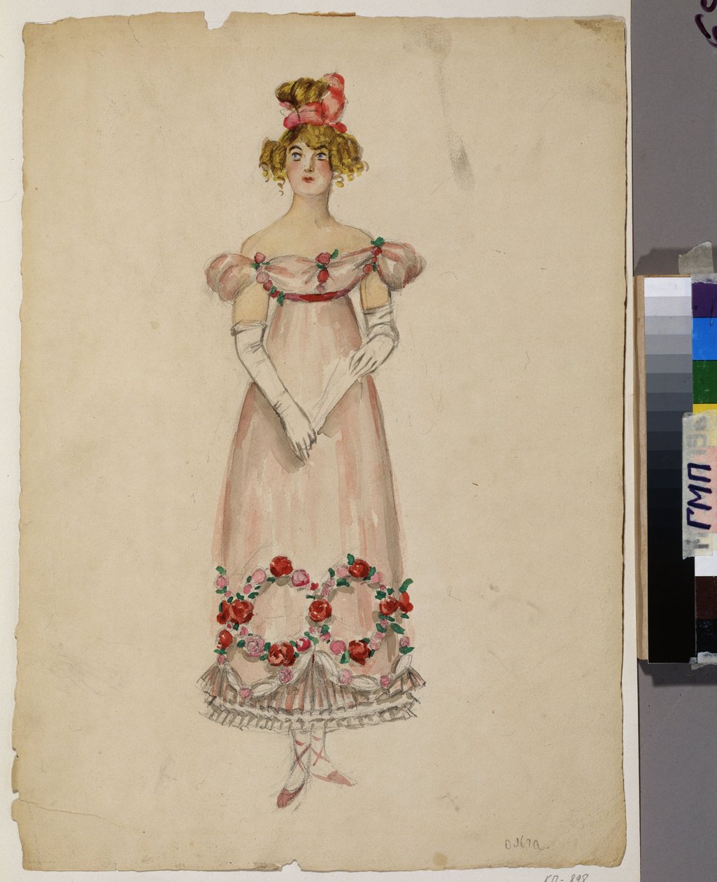 Vestido con guirnaldas de flores. Proyecto de vestuario para la ópera "Eugene OneGuine". de Aleksandr Aleksandrovich Osmerkin