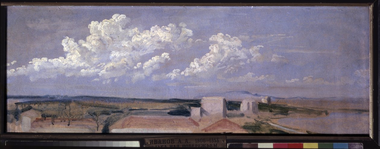 Nubes sobre la costa del mar. Paisaje con algunas casas a lo largo de la costa, coronado por grandes nubes blancas. Obra de Alexander Andreyevich Ivanov (1806-1858), óleo sobre papel de Aleksandr Andreevich Ivanov