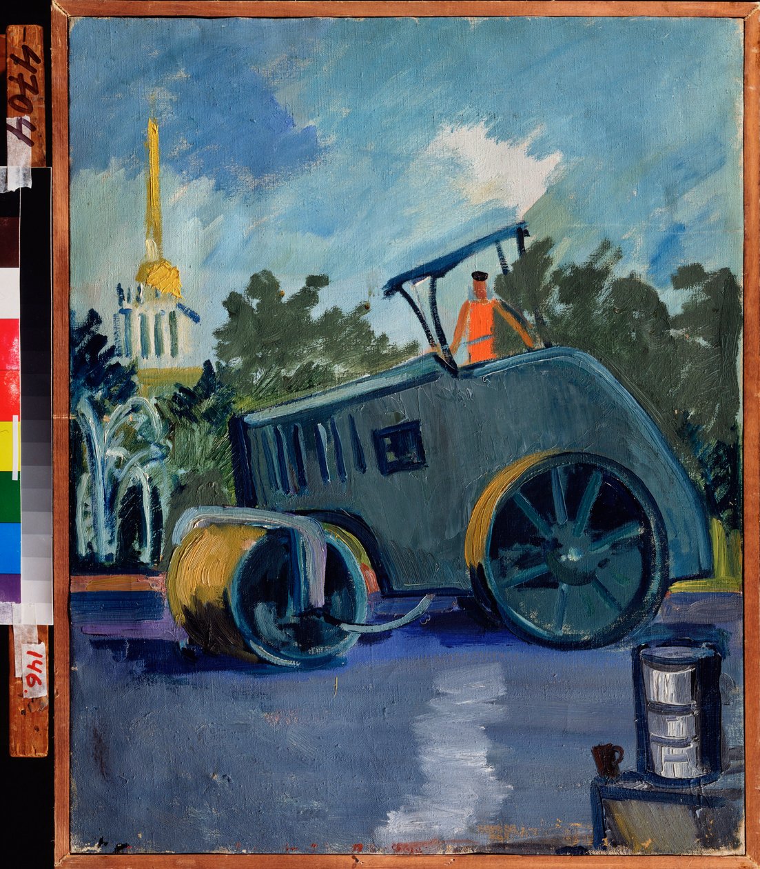 Asfaltado. (Una máquina colocando asfalto en una calle). Pintura de Alexander Isaakovich Rusakov (1898-1952), óleo sobre lienzo. de Aleksandr Isaakovich Rusakov