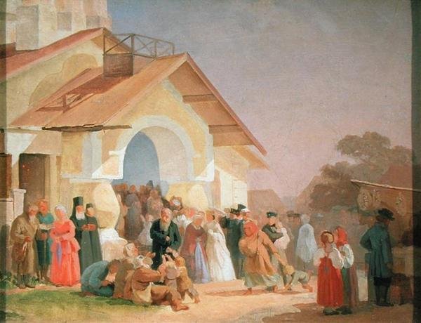 Saliendo de una iglesia en Pskov de Aleksandr Ivanovich Morozov