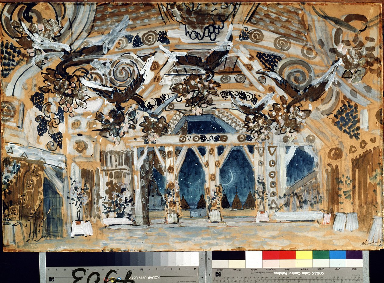Decor pour la piece de theatre La Dame de la mer de Henrik (Henri) Johan Ibsen (1828-1906) (Escenografía para la obra de teatro La dama del mar de H. Ibsen). Oeuvre de Alexander Yakovlevich Golovin (Alexandre Golovine) (1863-1930), pastel sobre cartón de Aleksandr Jakovlevic Golovin