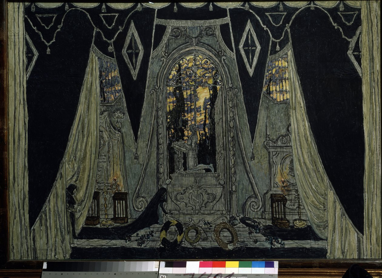 Decoración para la ópera ""Le guest de pierre"" de Alexandre Dargomyjski (1813-1869) (Escenografía para la ópera The stone Guest de A. Dargomyzhsky). Obra de Alexander Yakovlevich Golovin (Alexander Golovin) (1863-1930), óleo sobre madera de Aleksandr Jakovlevic Golovin