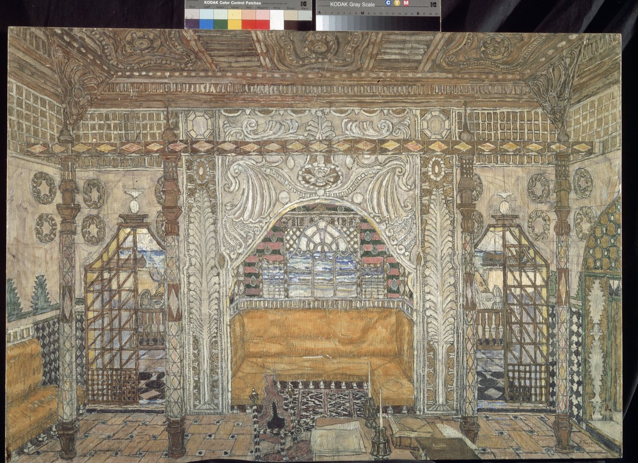 Decor preparatoire pour la piece ""Othello"" de William Shakespeare (1564-1616) (Escenografía para la obra Othello de William Shakespeare) - Peinture de Alexander Yakovlevich Golovin (Alexandre Golovine) (1863-1930), témpera sobre madera de Aleksandr Jakovlevic Golovin